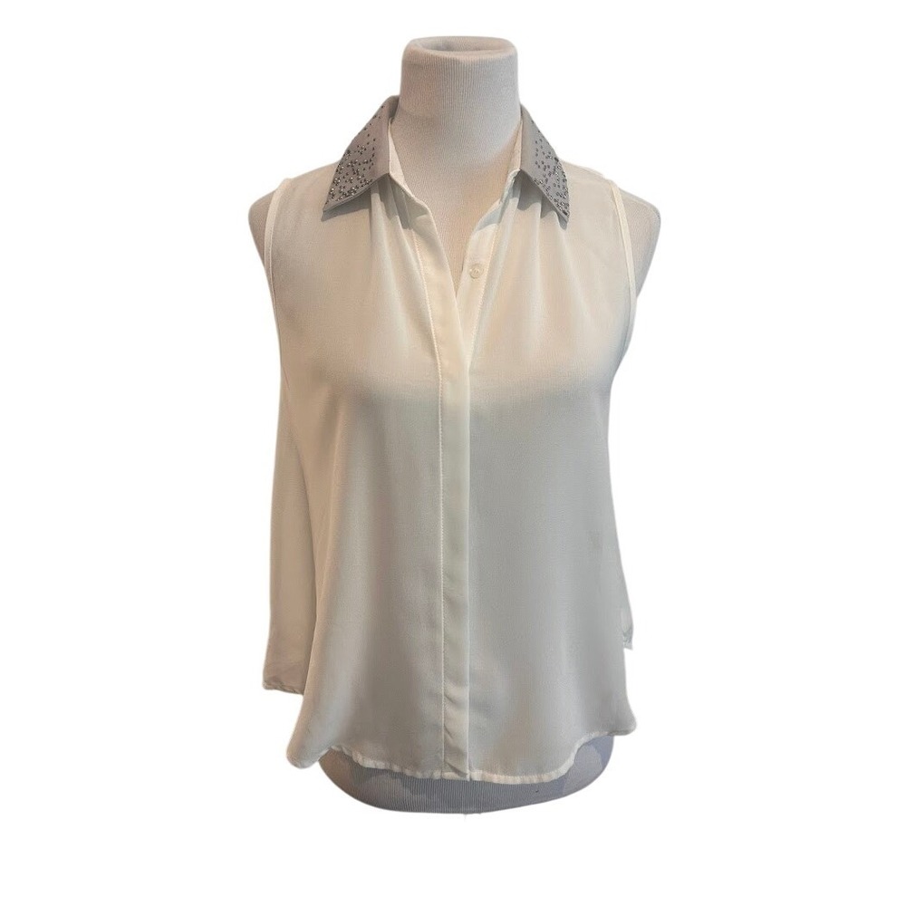 Elodie Womens White Sleeveless Chiffon Blouse Grey Studded Embellished Collar L